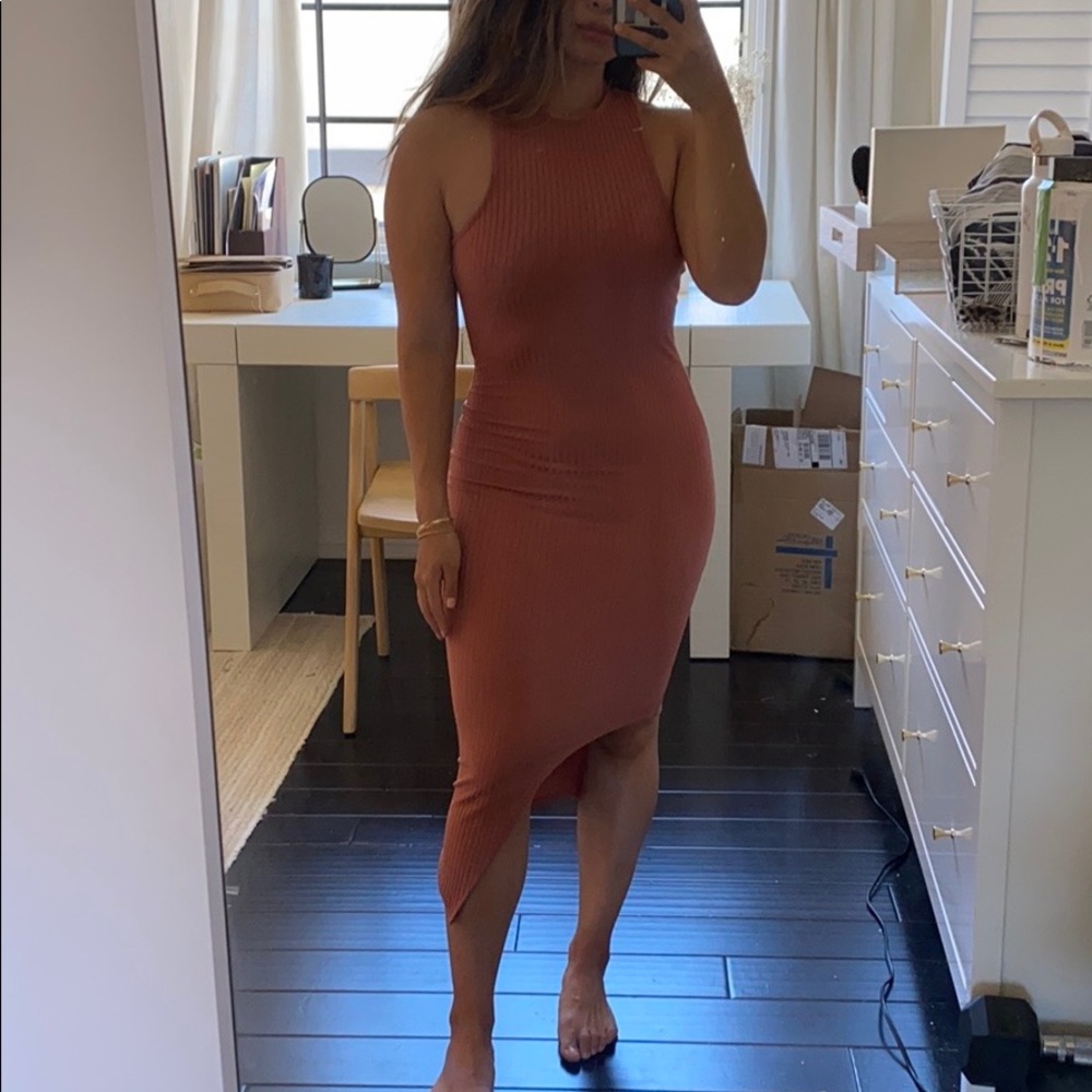 coral ribbed asymmetrical dress